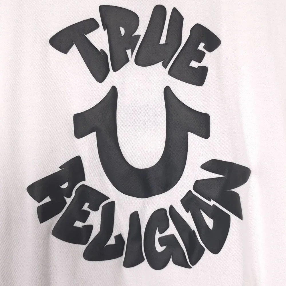 TRUE RELIGION Mens New Polo Shirt LARGE White Logo Graphic 701065 PIQUE POLO